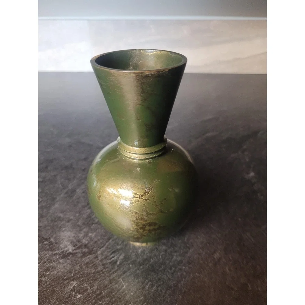 Vintage Miniature‎ Brass Bud Vase Green Gold Enamel Verdigris Trumpet Neck 4.5